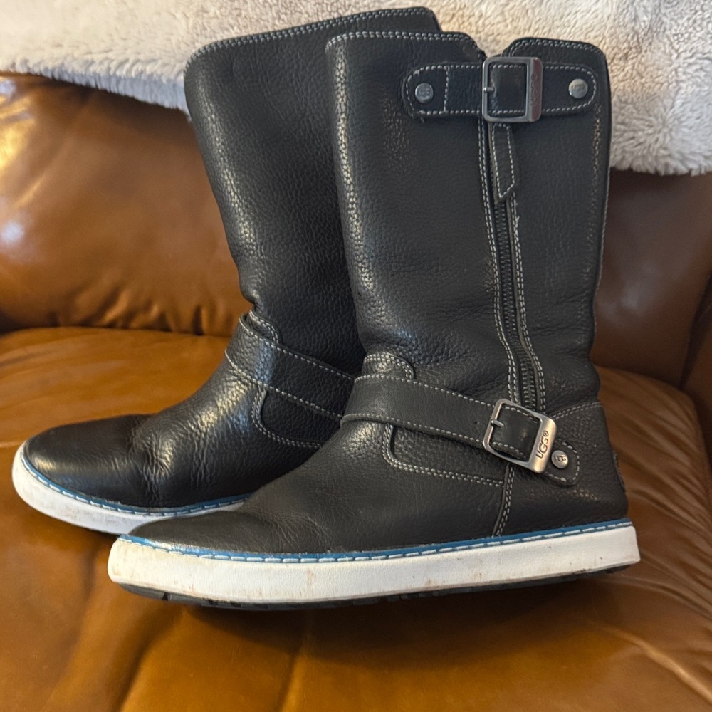 UGG Black Leather Mid-Calf Boots with Metal Buckle